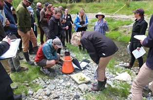 image of farmer group testing water quality