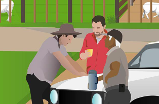 animated image of three farmers talking around ute next to farm