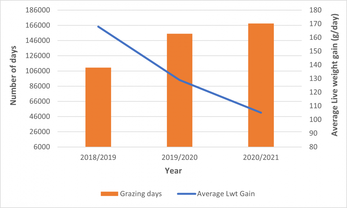 34% increase in number of grazing days and 38% decrease in average liveweight of lambs over three years with drench resistance.