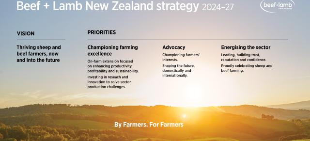 Picture of Beef and Lamb New Zealand’s strategy for 2024 to 2027 above a farming landscape. It lists the key parts of the strategy. The vision is ‘thriving sheep and beef farmers, now and into the future’. The first priority is ‘Championing farming excellence’. This covers on-farm extension, focused on enhancing productivity, profitability and sustainability. It also covers investing in research and innovation to solve sector production challenges. The second priority is Advocacy. This covers championing fa