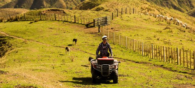 image of farmer on quad driving over dry hills