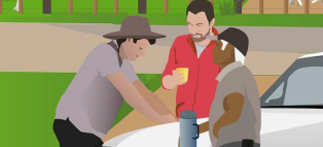 animated image of three farmers talking around ute next to farm