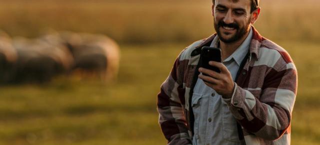 image of farmer using cellphone with flock of sheep in background