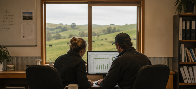 image of couple working in office overlooking farm