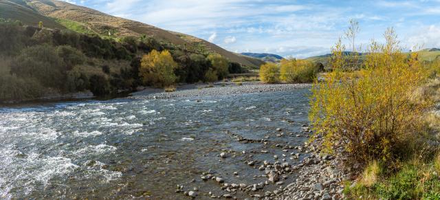 image of river running through farm and autumn colours