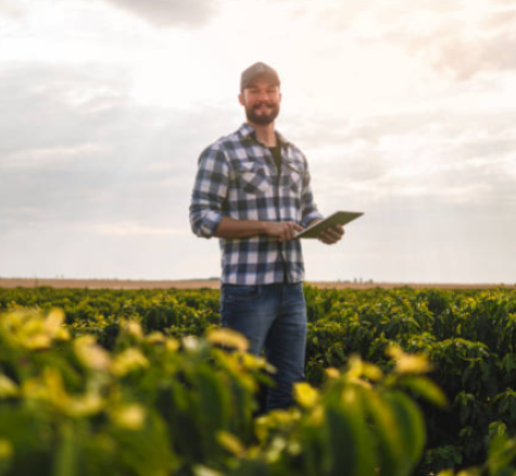 image of farmer using ipad in field of crops