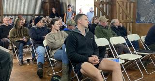image of attendees at field day in woolshed