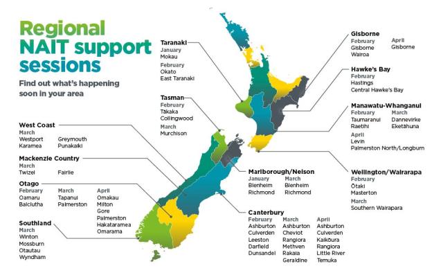 map of NZ and NAIT support session details