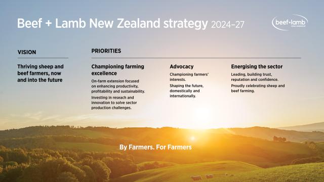Picture of Beef and Lamb New Zealand’s strategy for 2024 to 2027 above a farming landscape. It lists the key parts of the strategy. The vision is ‘thriving sheep and beef farmers, now and into the future’. The first priority is ‘Championing farming excellence’. This covers on-farm extension, focused on enhancing productivity, profitability and sustainability. It also covers investing in research and innovation to solve sector production challenges. The second priority is Advocacy. This covers championing fa