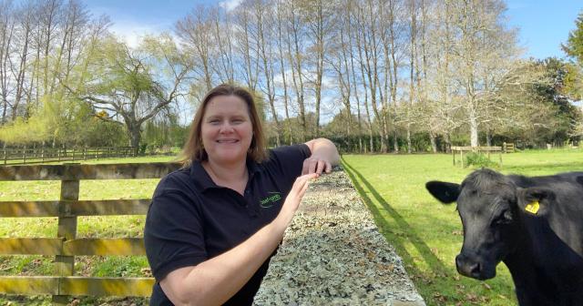 image of B+LNZ staff on farm with black cow next to fence