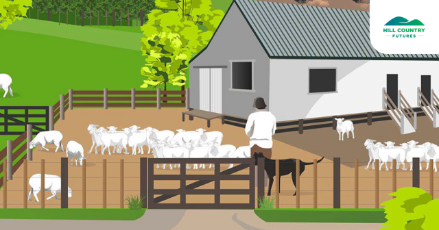 image of farmers in yard infront of hills