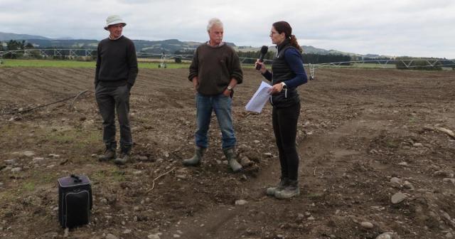 Beef + Lamb NZ field day facilitator Tom Fraser, left, Gavin King and Central Plains Water environmental technical lead Fiona Crombie at the site of a new irrigation development in readiness for water expected to start flowing in September.