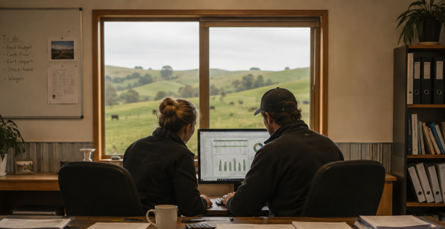 image of couple working in office overlooking farm